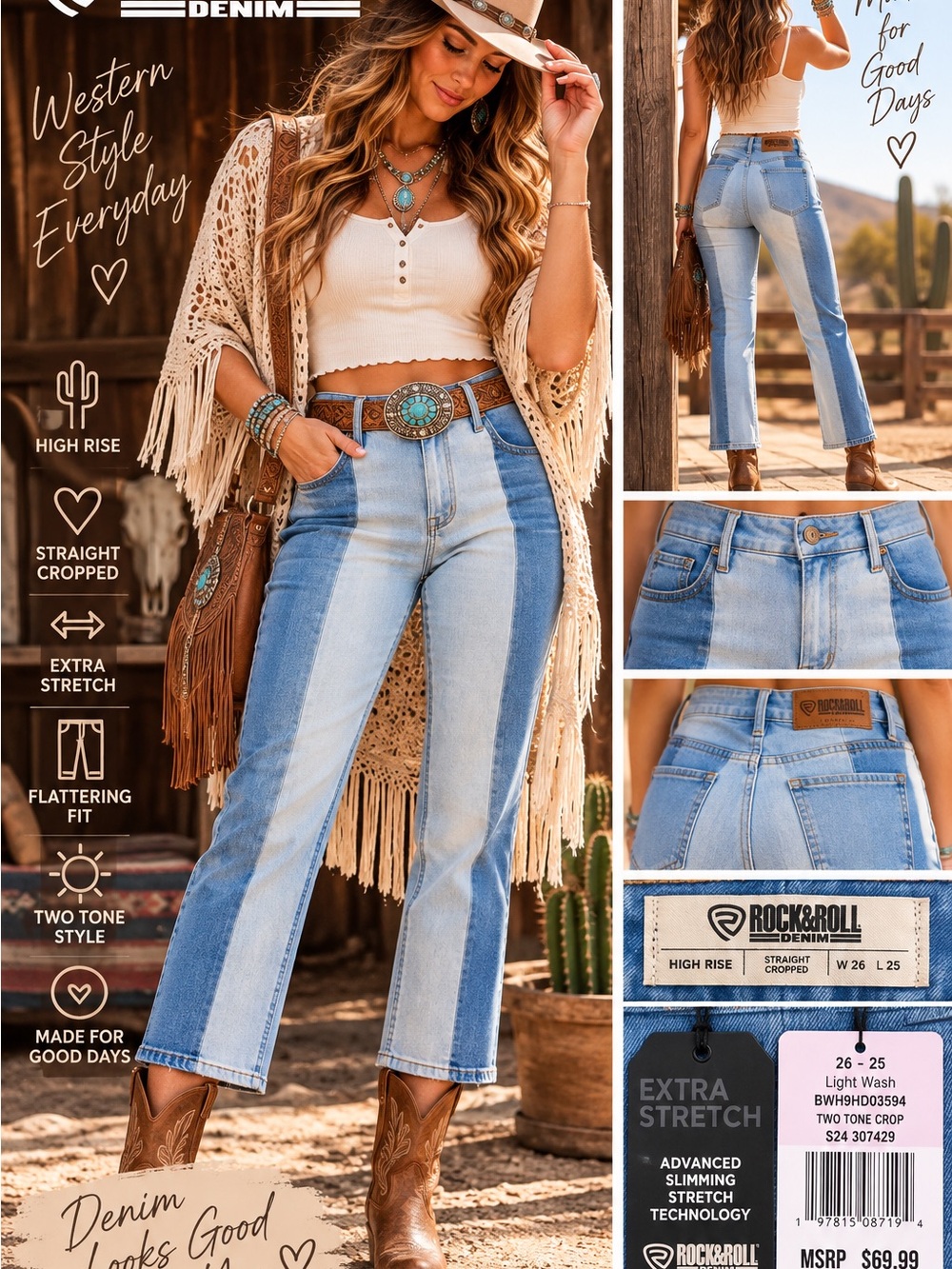 Rock & Roll Denim Two-Tone High Rise Straight Cropped Jeans NWT | W26 L25